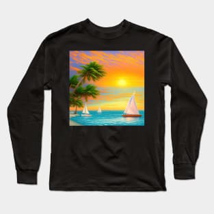 Beach Sunset Sailboats and Palm Trees Long Sleeve T-Shirt